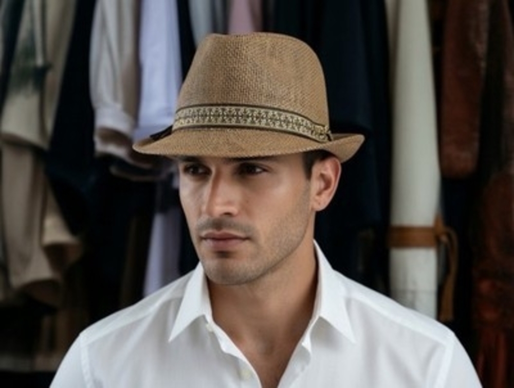 Men's Tan Straw Fedora Hat with Decorative Band